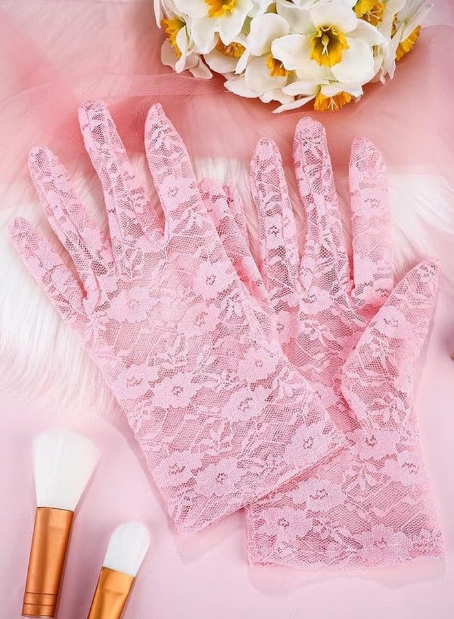 KETKAR Ladies Floral Lace Gloves Vintage Opera, Women Short Elegant Lace Gloves for Women Ladies and Girls Evening Wedding_Pink - Image 5